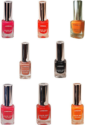 

Lorenza Combo Set-18 Nail Lacquer (Pack Of 8) Sunflower-262, Bombshell-340, Vibrant-375, Funky-438, Las Veaas-472, Cherry-566, Brown-670, Black Diamond-900(Pack of 8)