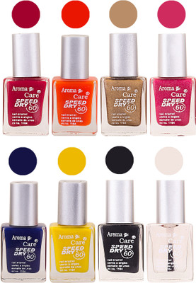 

Aroma Care Orange Matte Nail Polish Combo 0107201678 Maroon, Orange, Golden, Maroon, Green, Magenta, Light Orange, Red, Peach, Purple, Pink, Blue, Yellow, Black, Base Coat, Nude(Pack of 8)