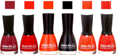 

Fashion Bar Long Stay Pack of 6 Unique Nail Polish Combo 319 Shimmer Mazanta , Move, orange , black , shimmer orange , glitter silver ,(Pack of 6)