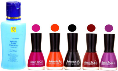 

Fashion Bar Nail Polish With Free Rythmx Nail Polish Remover Combo Offer (Neon Shades at Incredible Value) 1516 Mazanta,Orange,Black,Mauve,Purple(Pack of 5)