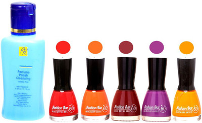 

Fashion Bar Nail Polish With Free Rythmx Nail Polish Remover Combo Offer (Neon Shades at Incredible Value) 1541 Royal Red,Orange,Maroon,Pruple,Yellow(Pack of 5)