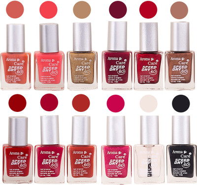 

Aroma Care Pink Nail Polish Combo 25081613 Orange, Pink, Golden, Maroon, Peach, Green, Purple, Silver, Blue, Yellow, Base Coat, Black(Pack of 12)