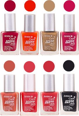 Aroma Care Orange Matte Nail Polish Combo 0107201649 Maroon, Orange, Golden, Maroon, Green, Magenta, Light Orange, Red, Peach, Purple, Pink, Blue, Yellow, Black, Base Coat, Nude(Pack of 8)