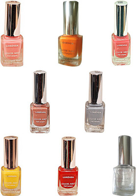 

Lorenza Combo Set-13 Nail Lacquer (Pack Of 8) Base & Top Coat-010, Hello Yellow-250, My Bebe-310, Pretty-320, Funky-438, Rrred-515, Brown-670, Grey Shades-911(Pack of 8)