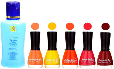 

Fashion Bar Nail Polish With Free Rythmx Nail Polish Remover Combo Offer (Neon Shades at Incredible Value) 1579 Multicolor(Pack of 5)