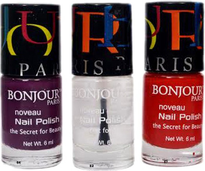 

Bonjour Paris Round Cap Nail Polish 57 Blue, Topcoat, Red(Pack of 3)