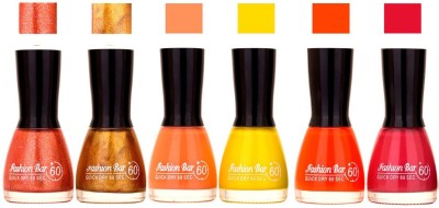 

Fashion Bar Long Stay Pack of 6 Unique Nail Polish Combo 316 Glitter Orange, glitter Golden , peach ,yellow , orange , pink(Pack of 6)