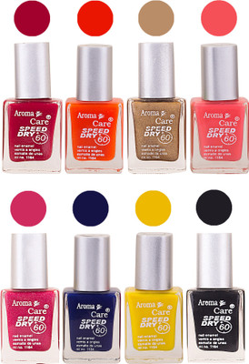 

Aroma Care Orange Matte Nail Polish Combo 0107201676 Maroon, Orange, Golden, Maroon, Green, Magenta, Light Orange, Red, Peach, Purple, Pink, Blue, Yellow, Black, Base Coat, Nude(Pack of 8)