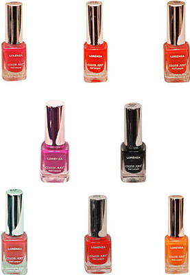 

Lorenza Combo Set-30 Nail Lacquer (Pack Of 8) Sunflower-262, Girlie-315, Sinful-360, OMG-404, Las Veaas-472, Cherry-566, Attitude-630, Black Diamond-900(Pack of 8)