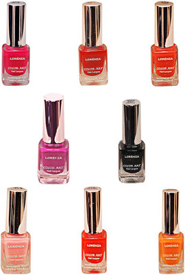 

Lorenza Combo Set-20 Nail Lacquer (Pack Of 8) Sunflower-262, My Bebe-310, Vibrant-375, OMG-404, Las Veaas-472, Party Time-550, Attitude-630, Black Diamond-900(Pack of 8)