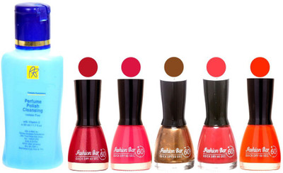 

Fashion Bar Nail Polish With Free Rythmx Nail Polish Remover Combo Offer (Neon Shades at Incredible Value) 1570 Shimmer, Pink,Copper,Rose Pink,Orange(Pack of 5)