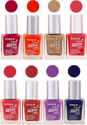 

Aroma Care Orange Matte Nail Polish Combo 0107201660 Maroon, Orange, Golden, Maroon, Green, Magenta, Light Orange, Red, Peach, Purple, Pink, Blue, Yellow, Black, Base Coat, Nude(Pack of 8)
