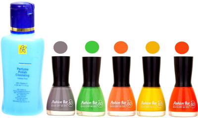 

Fashion Bar Nail Polish With Free Rythmx Nail Polish Remover Combo Offer (Neon Shades at Incredible Value) 1512 Grey,Parrot Green,Peach,Yellow,Orange(Pack of 5)