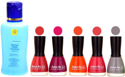 

Fashion Bar Nail Polish With Free Rythmx Nail Polish Remover Combo Offer (Neon Shades at Incredible Value) 1558 Musted,Plum,Orange,Pink,Grey(Pack of 5)