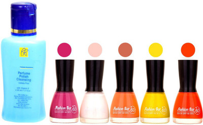 

Fashion Bar Nail Polish With Free Rythmx Nail Polish Remover Combo Offer (Neon Shades at Incredible Value) 1569 Voilet,White,Peach,Yellow,Orange(Pack of 5)