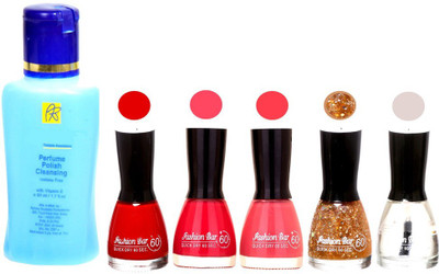 Flipkart - Fashion Bar Nail Polish With Free Rythmx Nail Polish Remover Combo Offer (Neon Shades at Incredible Value) 1531 Red,Pink,Neon Pink,Golden jari,Basecot(Pack of 5)