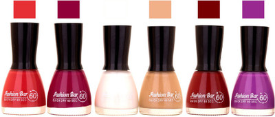 

Fashion Bar Long Stay Pack of 6 Unique Nail Polish Combo 308 pink, purple,White ,Peach,Cherry,Purple(Pack of 6)