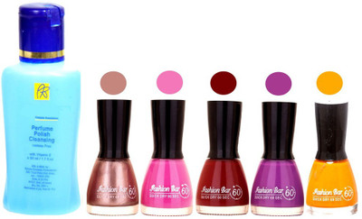 

Fashion Bar Nail Polish With Free Rythmx Nail Polish Remover Combo Offer (Neon Shades at Incredible Value) 1527 Shimmer Light,Voilet,Maroon,Purple,Turmeric Yellow(Pack of 5)