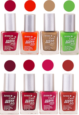 

Aroma Care Orange Matte Nail Polish Combo 0107201616 Maroon, Orange, Golden, Maroon, Green, Magenta, Light Orange, Red, Peach, Purple, Pink, Blue, Yellow, Black, Base Coat, Nude(Pack of 8)