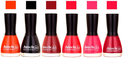 

Fashion Bar Long Stay Pack of 6 Unique Nail Polish Combo 330 orange , black ,redish brown , redish pink ,Neon Pink , Redish pink(Pack of 6)