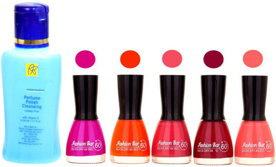 

Fashion Bar Nail Polish With Free Rythmx Nail Polish Remover Combo Offer (Neon Shades at Incredible Value) 1523 Mazanta,Orange,Pink,Mauve,Baby Pink(Pack of 5)