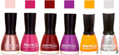 

Fashion Bar Long Stay Pack of 6 Unique Nail Polish Combo 311 Shimmer pink ,Purple ,Cherry,purple,Neon Pink,Silver(Pack of 6)