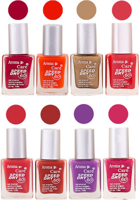 

Aroma Care Orange Matte Nail Polish Combo 0107201659 Maroon, Orange, Golden, Maroon, Green, Magenta, Light Orange, Red, Peach, Purple, Pink, Blue, Yellow, Black, Base Coat, Nude(Pack of 8)