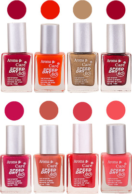 

Aroma Care Orange Matte Nail Polish Combo 0107201637 Maroon, Orange, Golden, Maroon, Green, Magenta, Light Orange, Red, Peach, Purple, Pink, Blue, Yellow, Black, Base Coat, Nude(Pack of 8)