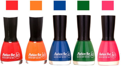 

Fashion Bar Spark Red ,Orange ,Blue ,Green ,PinkShades Nail Polish 145319 Spark Red ,Orange ,Blue ,Green ,Pink(Pack of 5)