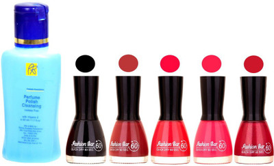 

Fashion Bar Nail Polish With Free Rythmx Nail Polish Remover Combo Offer (Neon Shades at Incredible Value) 1546 Black,Musted,Pink,Light pink,Shimmer Mazanta(Pack of 5)