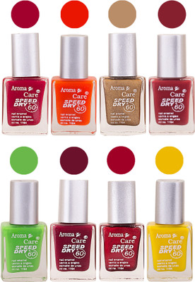 

Aroma Care Orange Matte Nail Polish Combo 0107201610 Maroon, Orange, Golden, Maroon, Green, Magenta, Light Orange, Red, Peach, Purple, Pink, Blue, Yellow, Black, Base Coat, Nude(Pack of 8)
