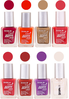

Aroma Care Orange Matte Nail Polish Combo 0107201663 Maroon, Orange, Golden, Maroon, Green, Magenta, Light Orange, Red, Peach, Purple, Pink, Blue, Yellow, Black, Base Coat, Nude(Pack of 8)