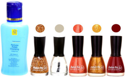 

Fashion Bar Nail Polish With Free Rythmx Nail Polish Remover Combo Offer (Neon Shades at Incredible Value) 1504 Gold Jari,Topcot,Shimmer Orange,Golden,Maroon(Pack of 5)