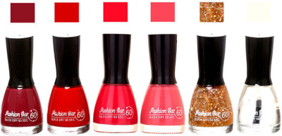 

Fashion Bar Long Stay Pack of 6 Unique Nail Polish Combo 301 move ,red,Neon pink,pink,Glitter Golden, Transperent(Pack of 6)