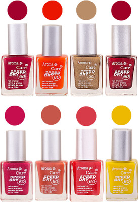 

Aroma Care Orange Matte Nail Polish Combo 0107201640 Maroon, Orange, Golden, Maroon, Green, Magenta, Light Orange, Red, Peach, Purple, Pink, Blue, Yellow, Black, Base Coat, Nude(Pack of 8)