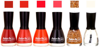 

Fashion Bar Long Stay Pack of 6 Unique Nail Polish Combo 301 Redish Brown,badami pink,Orange, Black,Glitter Gold,Transperent(Pack of 6)