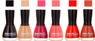

Fashion Bar Long Stay Pack of 6 Unique Nail Polish Combo 301 black, Musted,Mazanta ,Neon pink, Mehroon, glitter silver(Pack of 6)