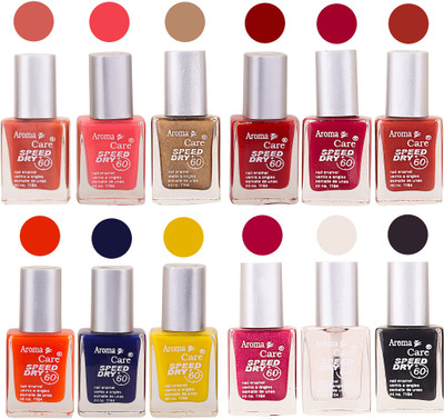 

Aroma Care Orange Nail Polish Combo 909201619 Orange, Pink, Golden, Maroon, Nude, Green, Red, Purple, Silver, Blue, Yellow, Magenta, Peach, Black(Pack of 12)