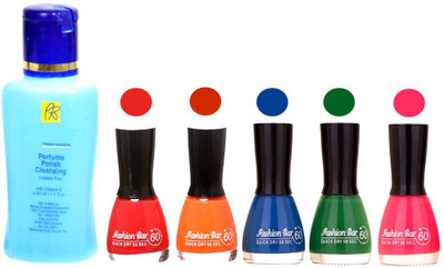 

Fashion Bar Nail Polish With Free Rythmx Nail Polish Remover Combo Offer (Neon Shades at Incredible Value) 1548 Pink,Orange,Royal Blue,Green,Pink(Pack of 5)