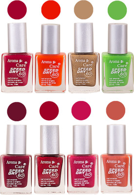 

Aroma Care Orange Matte Nail Polish Combo 0107201613 Maroon, Orange, Golden, Maroon, Green, Magenta, Light Orange, Red, Peach, Purple, Pink, Blue, Yellow, Black, Base Coat, Nude(Pack of 8)