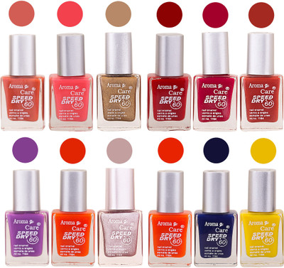 

Aroma Care Orange Nail Polish Combo 909201617 Orange, Pink, Golden, Maroon, Nude, Green, Red, Purple, Silver, Blue, Yellow, Magenta, Peach, Black(Pack of 12)