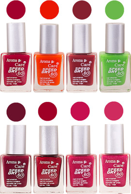 

Aroma Care Orange Matte Nail Polish Combo 0107201685 Maroon, Orange, Golden, Maroon, Green, Magenta, Light Orange, Red, Peach, Purple, Pink, Blue, Yellow, Black, Base Coat, Nude(Pack of 8)