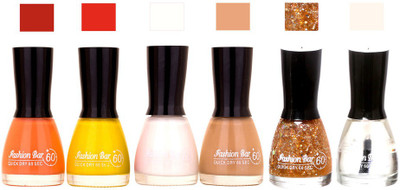 

Fashion Bar Long Stay Pack of 6 Unique Nail Polish Combo 333 peach , yellow ,orange, black ,Glitter gold ,Transperent(Pack of 6)