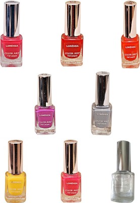 

Lorenza Combo Set-7 Nail Lacquer (Pack Of 8) Base & Top Coat-010, Hellow-250, Pink Redefined-327, Bombshell-340, For a Change-421, Rrred-515, Excuse Me-672, Grey Shades-911(Pack of 8)