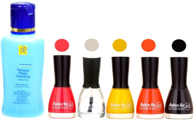 

Fashion Bar Nail Polish With Free Rythmx Nail Polish Remover Combo Offer (Neon Shades at Incredible Value) 1533 Pink deep,basecot,Yellow,Orange,Black(Pack of 5)