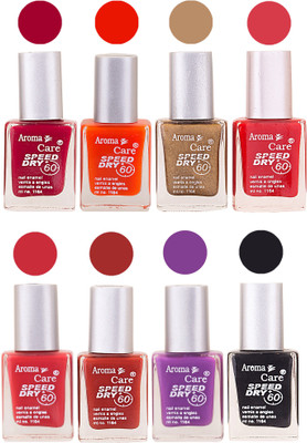 

Aroma Care Orange Matte Nail Polish Combo 0107201662 Maroon, Orange, Golden, Maroon, Green, Magenta, Light Orange, Red, Peach, Purple, Pink, Blue, Yellow, Black, Base Coat, Nude(Pack of 8)