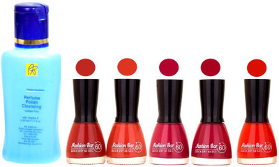 

Fashion Bar Nail Polish With Free Rythmx Nail Polish Remover Combo Offer (Neon Shades at Incredible Value) 1549 Maroon,Musted,Shimmer Mazanta,Orange(Pack of 5)