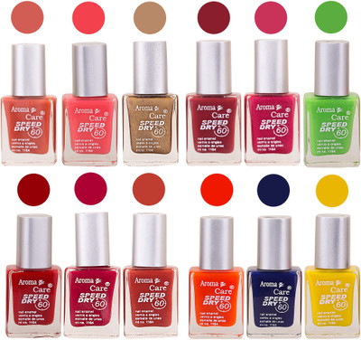 

Aroma Care Pink Nail Polish Combo 25081606 Orange, Pink, Golden, Maroon, Peach, Green, Purple, Silver, Blue, Yellow, Base Coat, Black(Pack of 12)