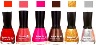 Flipkart - Fashion Bar Long Stay Pack of 6 Unique Nail Polish Combo 313 Red ,Pink,mazanta, Brown ,Glitter Gold ,Silver(Pack of 6)