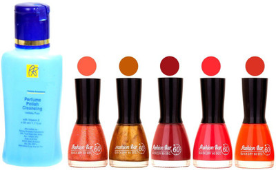 

Fashion Bar Nail Polish With Free Rythmx Nail Polish Remover Combo Offer (Neon Shades at Incredible Value) 1565 Shimmer Orange,Copper,Musted,pink,Orange(Pack of 5)